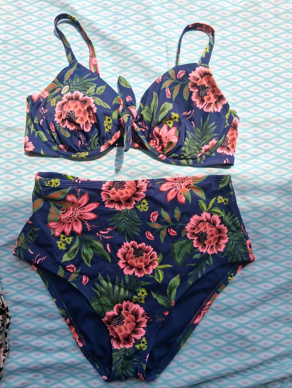 Floral Tie-Front Bikini Top in Navy and Pink